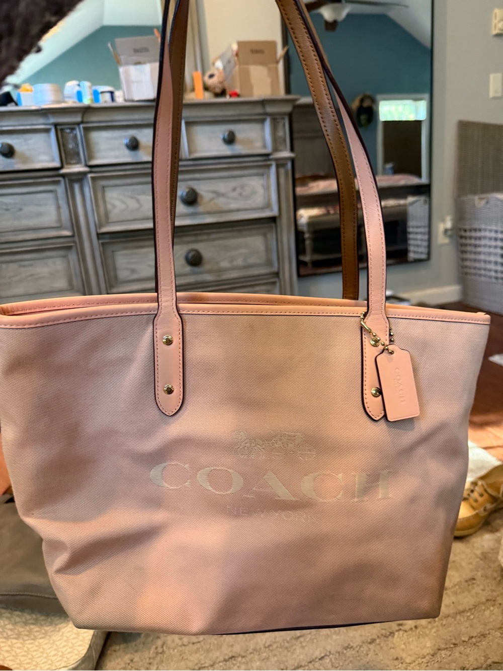 Coach Pink Canvas Tote with Leather Trim and Tag